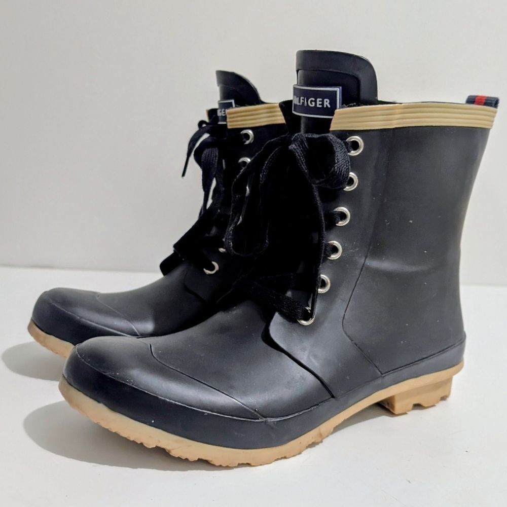 Tommy Hilfiger Renegade Women's Black Round Toe Lace Up Duck Rain Boot